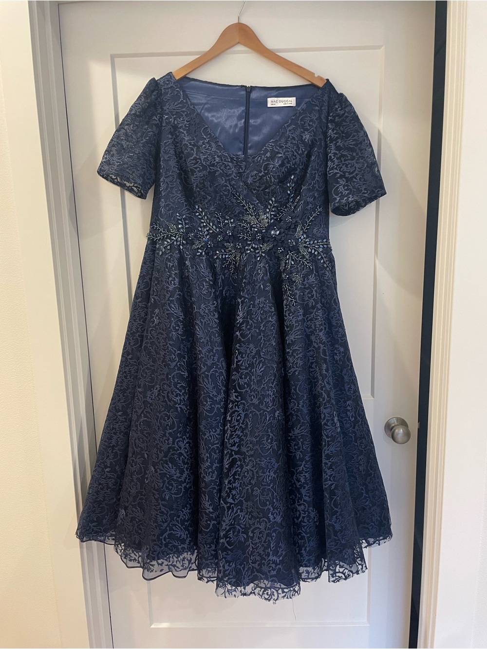 Mac Duggal Navy Tea-Length Lace Party Dress with beading